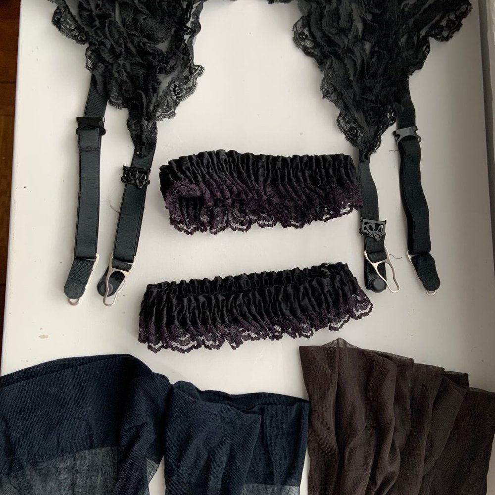 Lingerie set-garter belt, 2 lace garter holders, 2 pairs sheer stockings